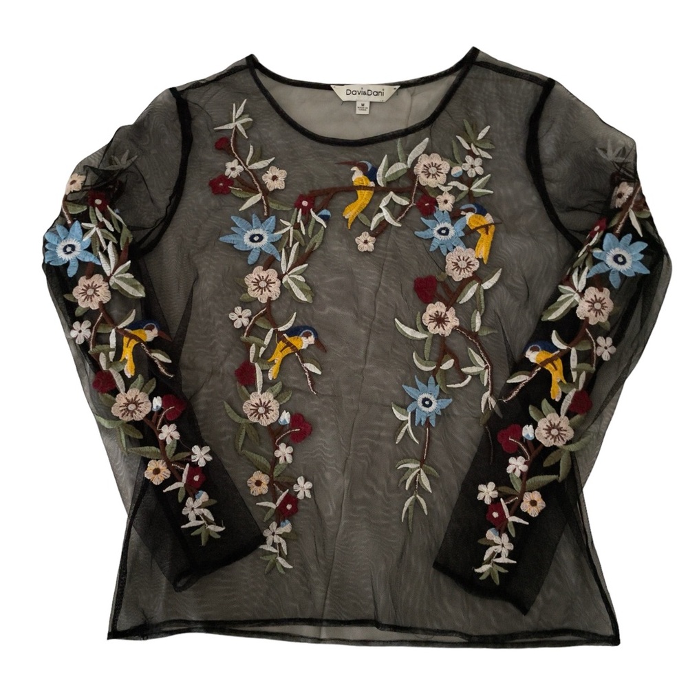 DAVI & DANI Sheer Long Sleeve Mock Neck Embroidered Blouse. Medium